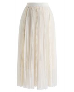 Exquisita falda midi plisada de encaje de malla en color crema