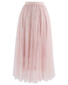 Falda midi de tul de malla con encaje de girasol en rosa
