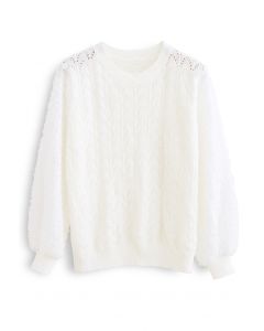 3D Flower Lace Sleeves Eyelet Knit Sweater in White
