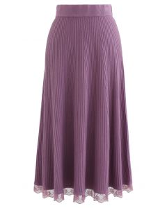 A-Line Lace Hem Knit Skirt in Purple