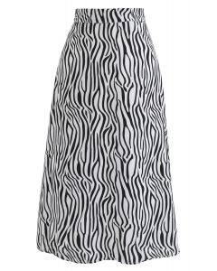 Wildlife Zebra Printed A-Line Midi Skirt in White